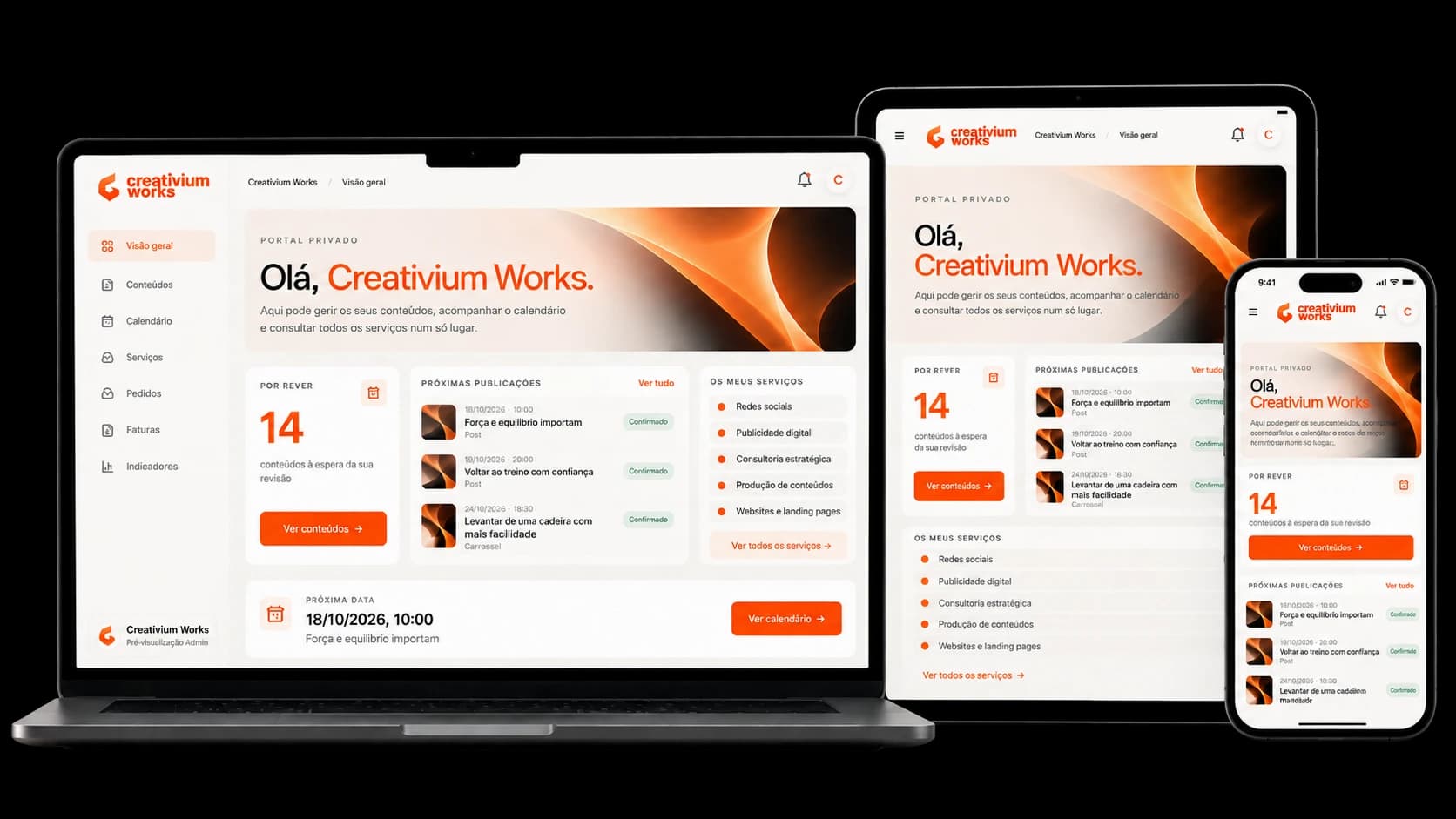 Portal de cliente da Creativium Works em portátil, tablet e telemóvel