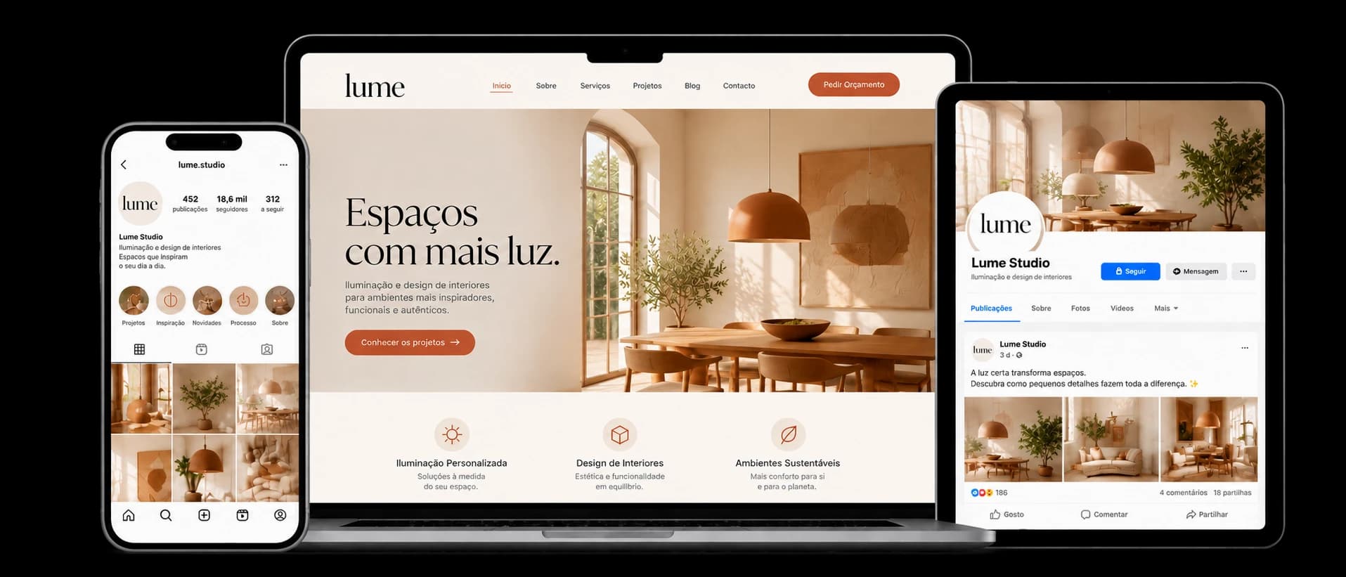 A mesma identidade de marca aplicada a Instagram, website e Facebook